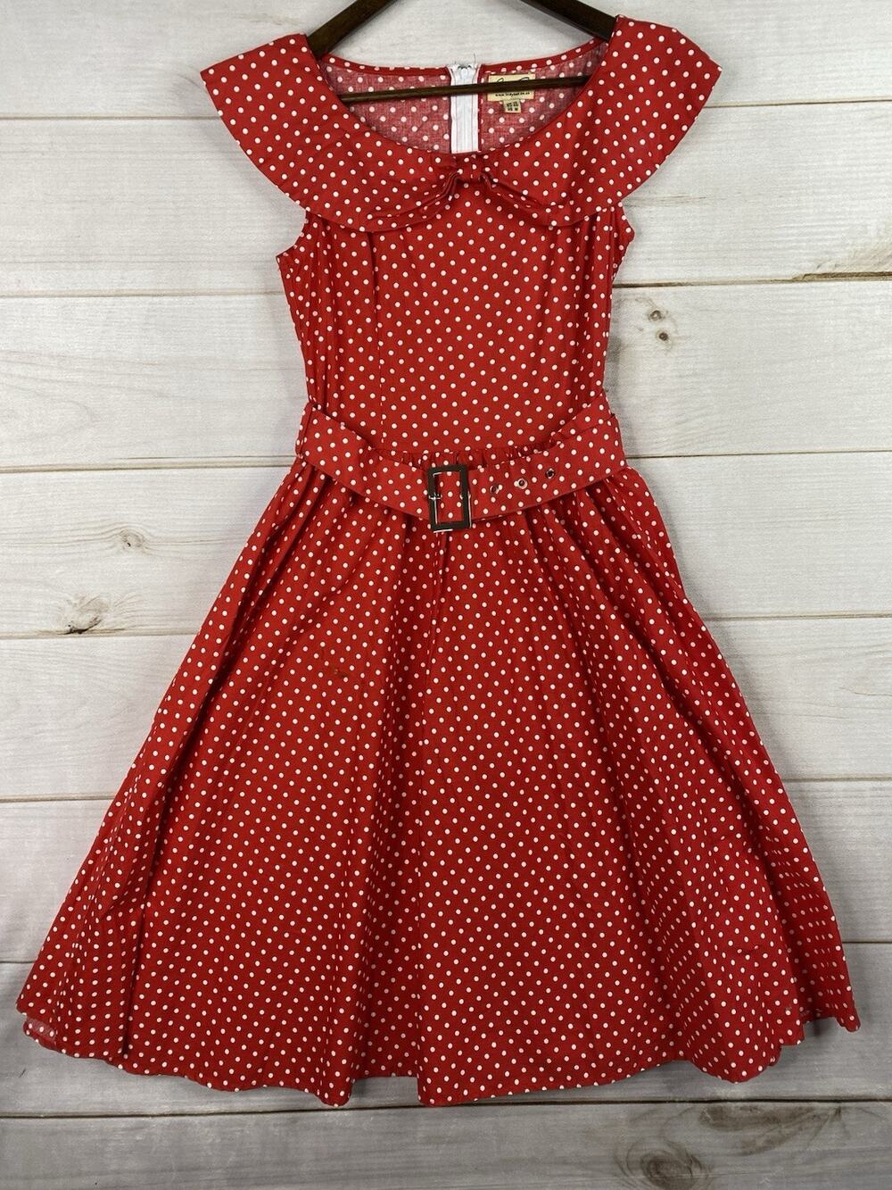 Lindy Bop Dress Sz M Red Polka Dot Retro 50's Swing Belted Whimsy Pin Up Girl
